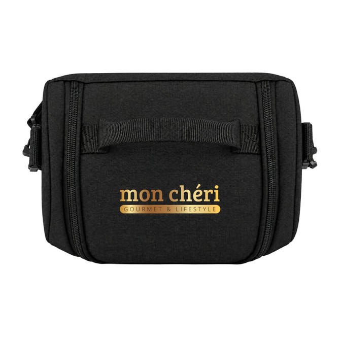 A compact black cooler bag with a handle and a logo, designed for storing food and beverages.