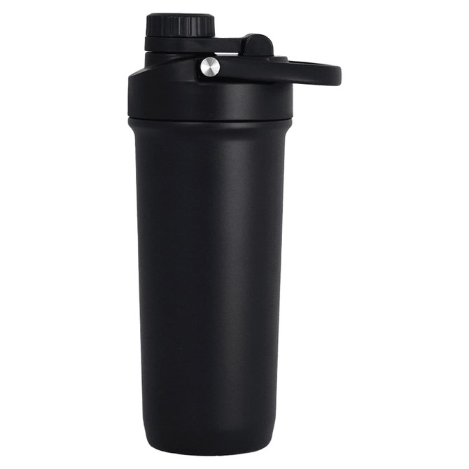 A drink bottle in matte black with a secure lid and a built-in shaker mechanism, featuring a logo.