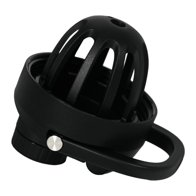 A drink bottle lid with a black design, featuring a cage-like top and a handle for easy carrying.