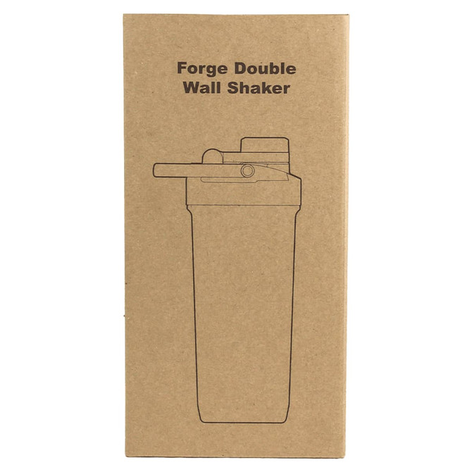 A drink bottle in a plain cardboard box, featuring a lid and a logo, designed for shaking beverages.