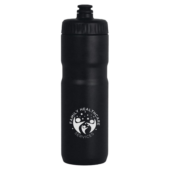 A drink bottle in matte black with a screw-on lid and a logo on the front. It holds 750ml.