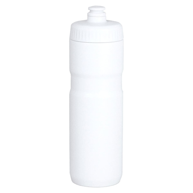 A drink bottle in white, featuring a screw-on cap and a slim design. It has a logo on the surface.