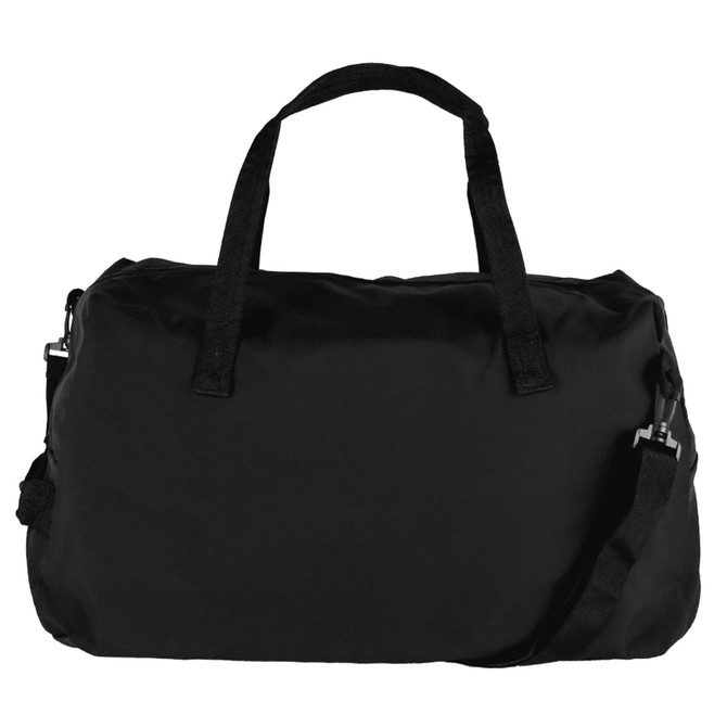A black duffel bag featuring handles and an adjustable strap, with a logo on the side.