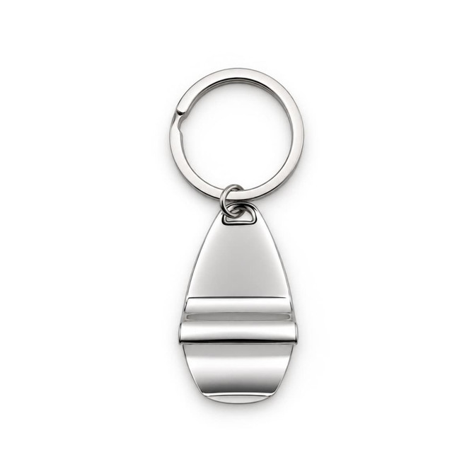 A silver keytag in the shape of a boat, attached to a circular metal keyring.