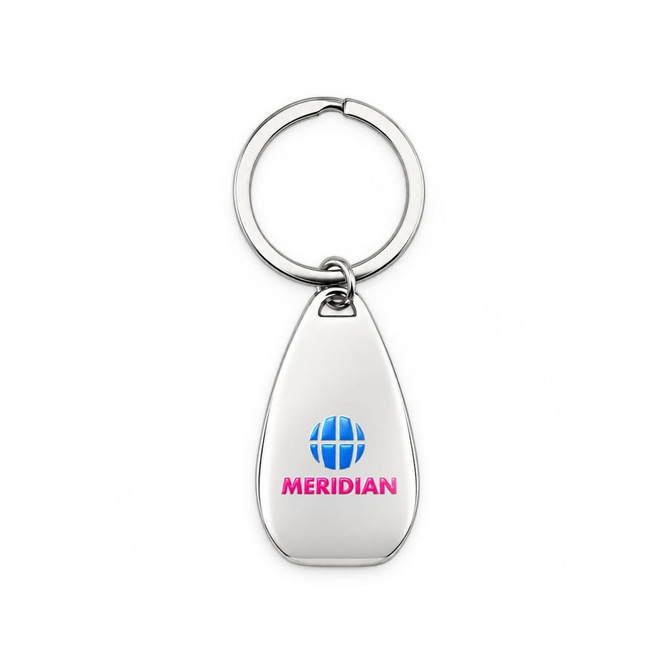 A silver keytag with a teardrop shape and a logo, featuring a blue globe and pink text.