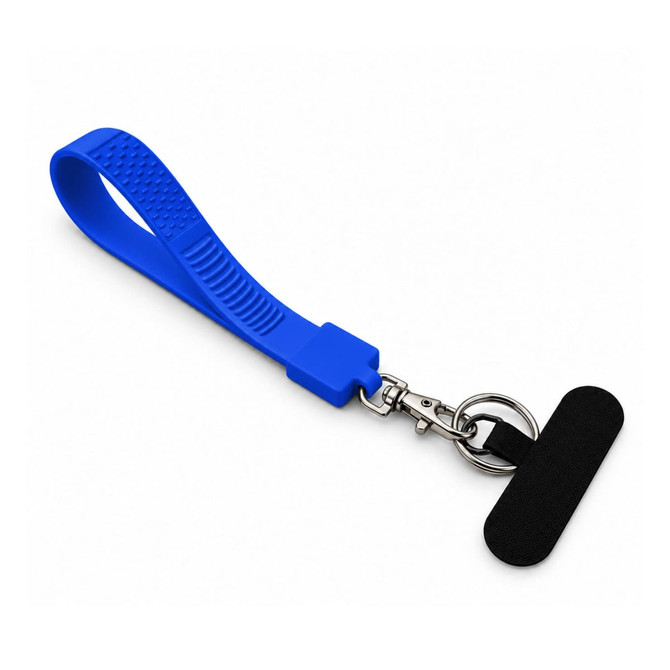 A blue wrist tactile phone holder keytag with a clip and a soft backing.