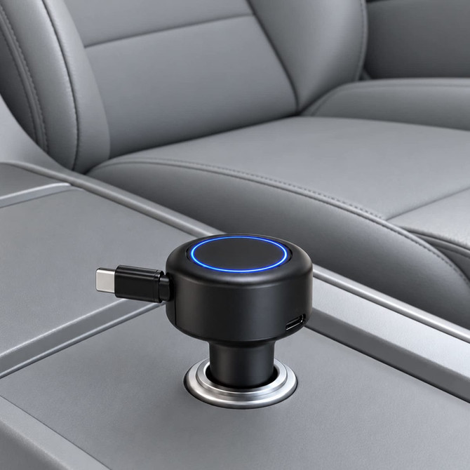 A black retractable car charger is positioned in a vehicle console, featuring a blue LED ring and a USB port.