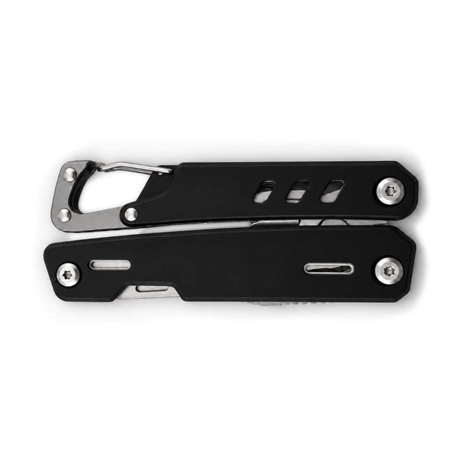 A multi-tool featuring a black body, metal components, and a carabiner clip for convenient attachment.