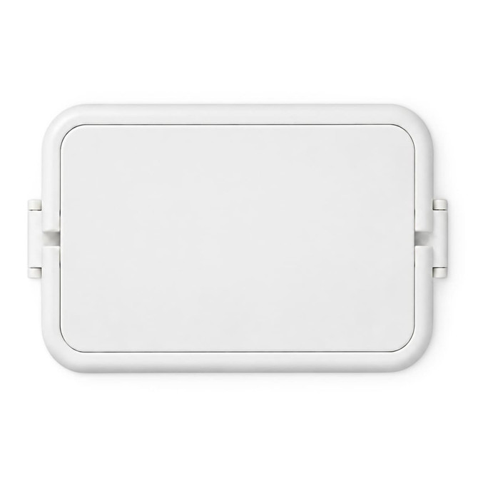 A white double tray lunchbox with a hinged lid, featuring a simple design and a logo.