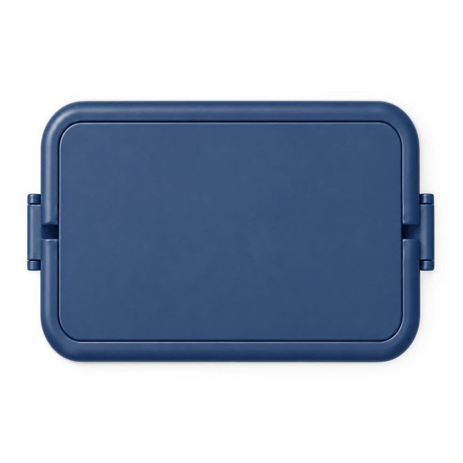 A blue double tray lunchbox featuring a secure lid and a simple design, with a logo on the surface.