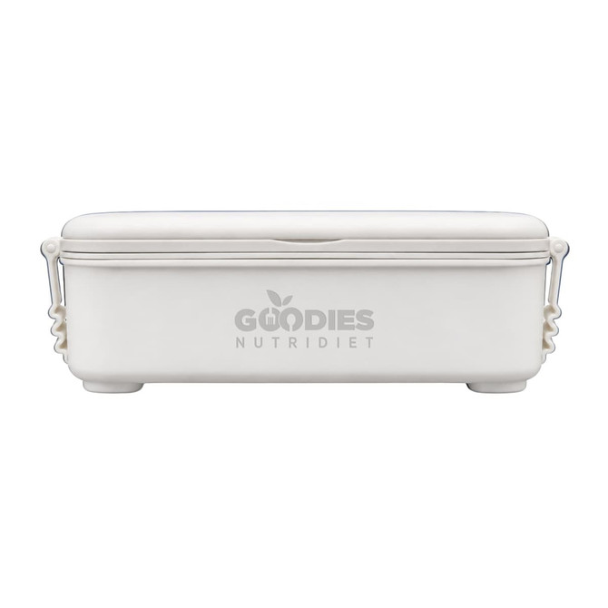 A white double tray lunchbox with a smooth finish and a logo on the front. Features secure lid and side clips.