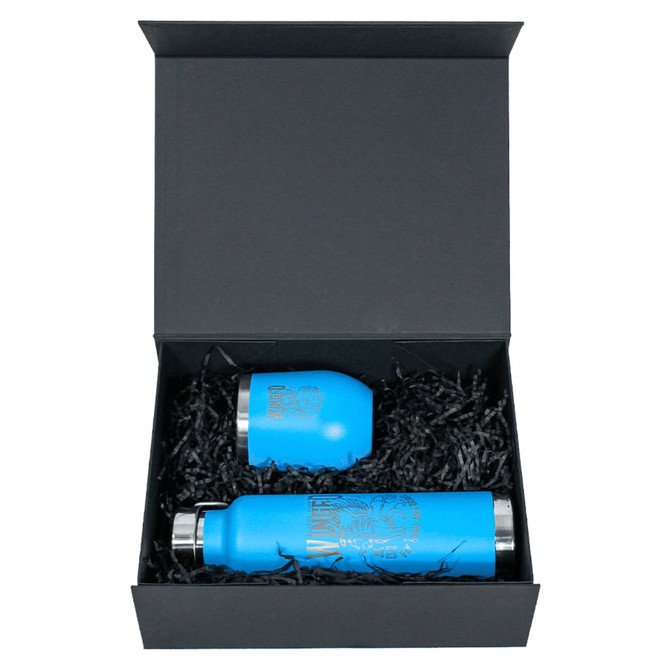 A blue drink bottle and a matching accessory are placed inside a black magnetic gift box filled with black tissue paper.