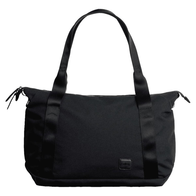 A black tote bag with two sturdy handles, featuring a sleek design and a logo.