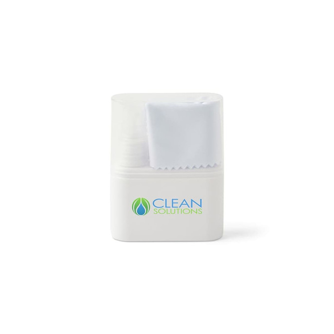 A white spray bottle with a fabric cloth attached, featuring a logo on the front.
