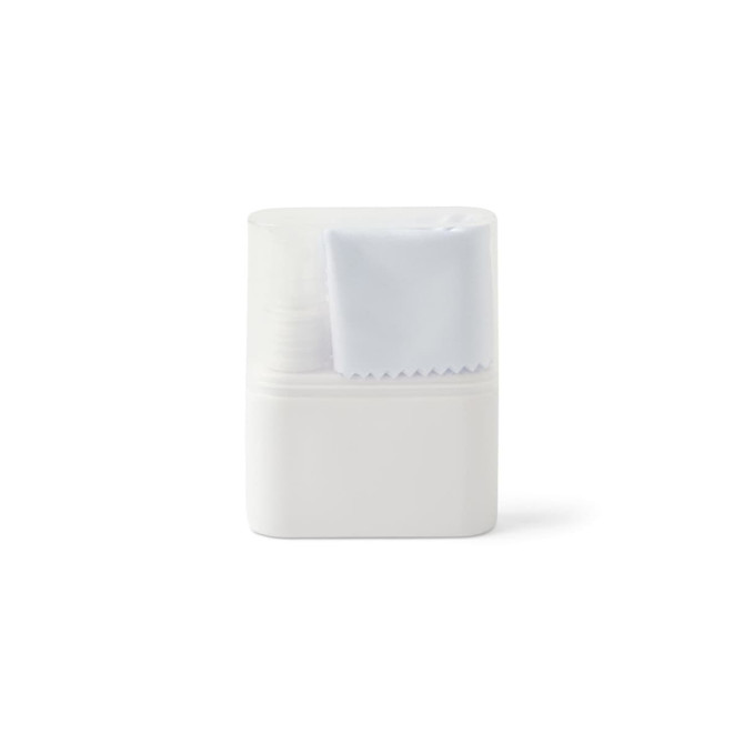 A white cleanser bottle with a spray top and a white cleaning cloth attached. The bottle features a logo.