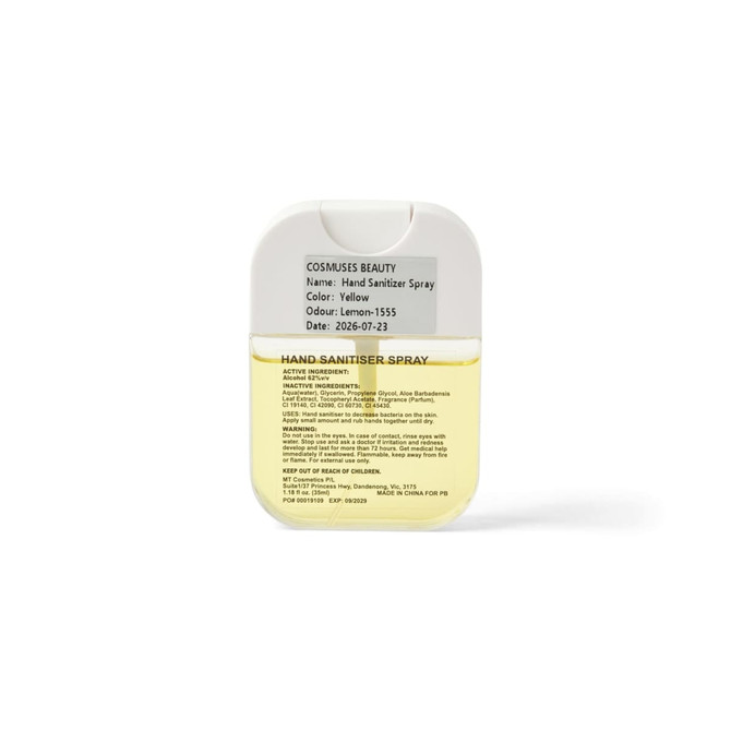 A yellow 35ml spray sanitiser with a lemon scent, featuring a logo and clear label detailing ingredients and warnings.