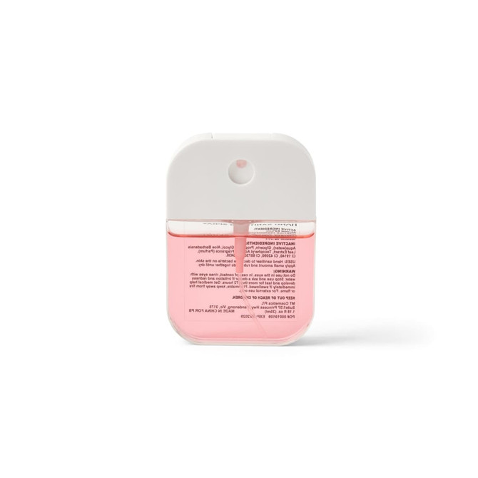 A 35ml pink spray sanitiser in a white pump bottle with a logo on the front.