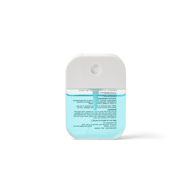 A 35ml spray sanitiser in a clear container with a white top, featuring a light blue liquid inside.