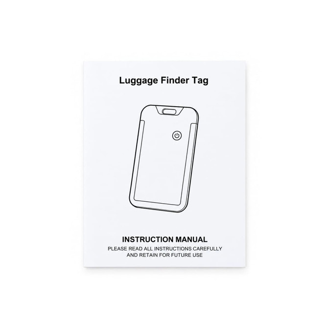 A luggage tag tracker depicted in a simple outline, featuring a logo and an instruction manual on a white background.