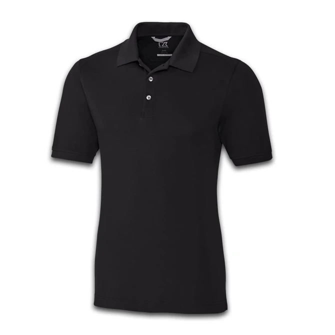 A black men's polo shirt with a classic collar and three-button placket, featuring a logo on the chest.