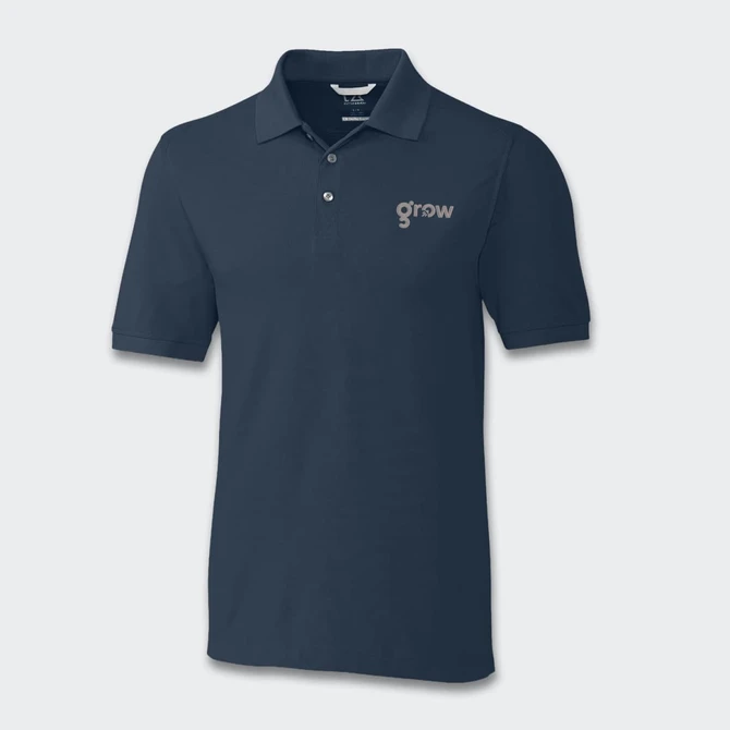 A navy blue polo shirt featuring a logo on the chest and a classic collar design.