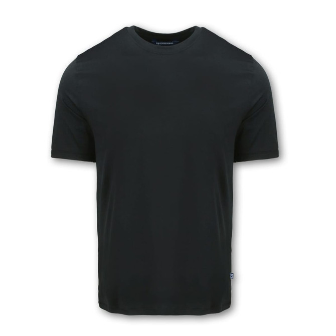 A black short-sleeve t-shirt with a smooth fabric texture and a logo on the side.