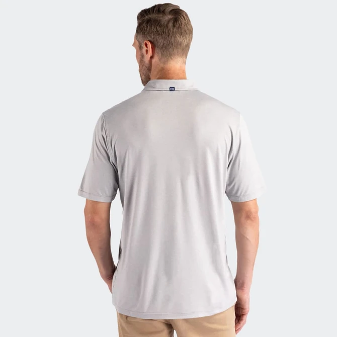 A light grey men's polo shirt with short sleeves, featuring a tag at the back and a logo on the neck.