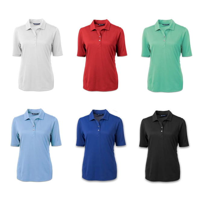 A collection of six Cutter & Buck Virtue women's polos in grey, red, mint green, light blue, blue, and black. Each polo features a logo.
