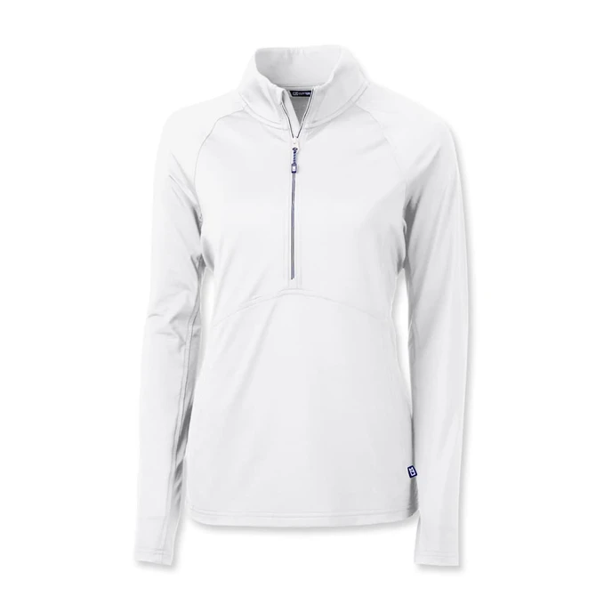 A white women's half-zip pullover with long sleeves, featuring a zipper and a small logo on the side.