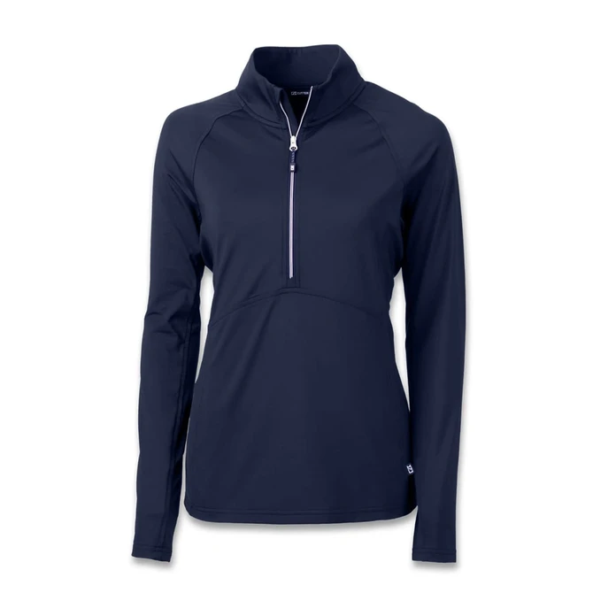A navy women's half-zip top featuring long sleeves and a zippered collar, with a logo present.