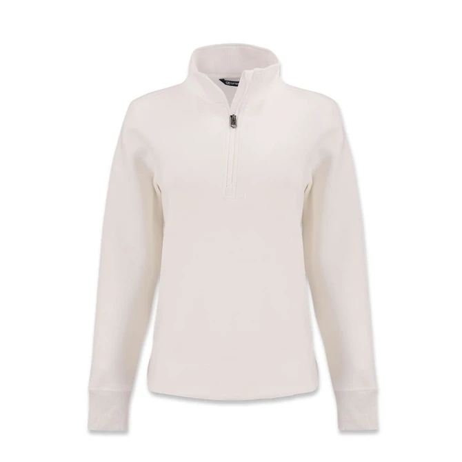 A women's half zip jacket in cream, featuring long sleeves and a quarter zip neck. Includes a logo.