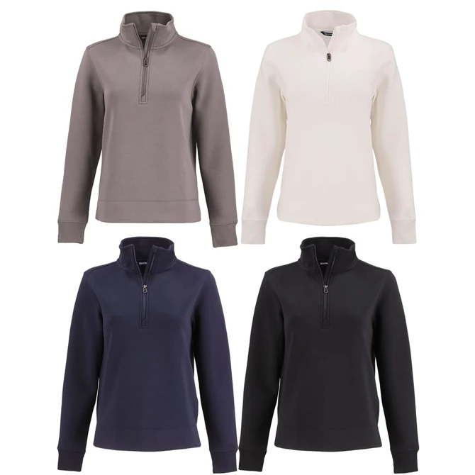 A half zip jacket in grey, white, navy, and black, featuring a zippered collar and a logo.
