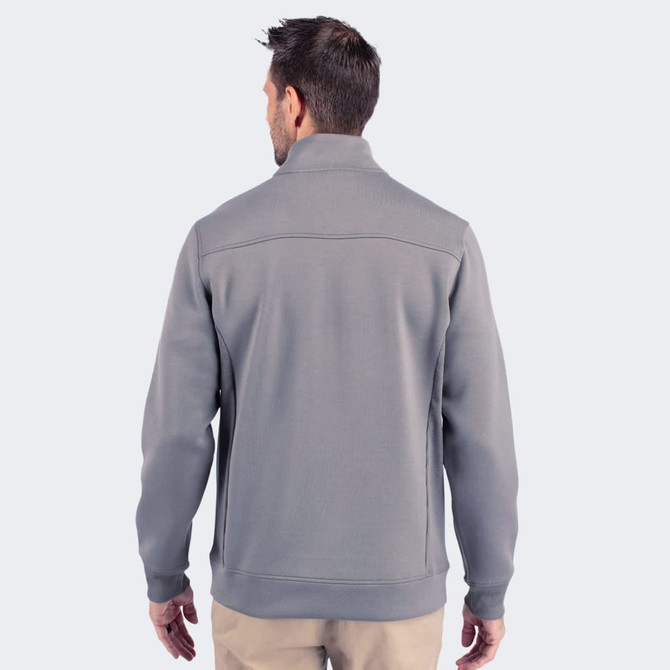 A men's half zip jacket in grey, featuring a collar and back detailing. Includes a logo on the garment.