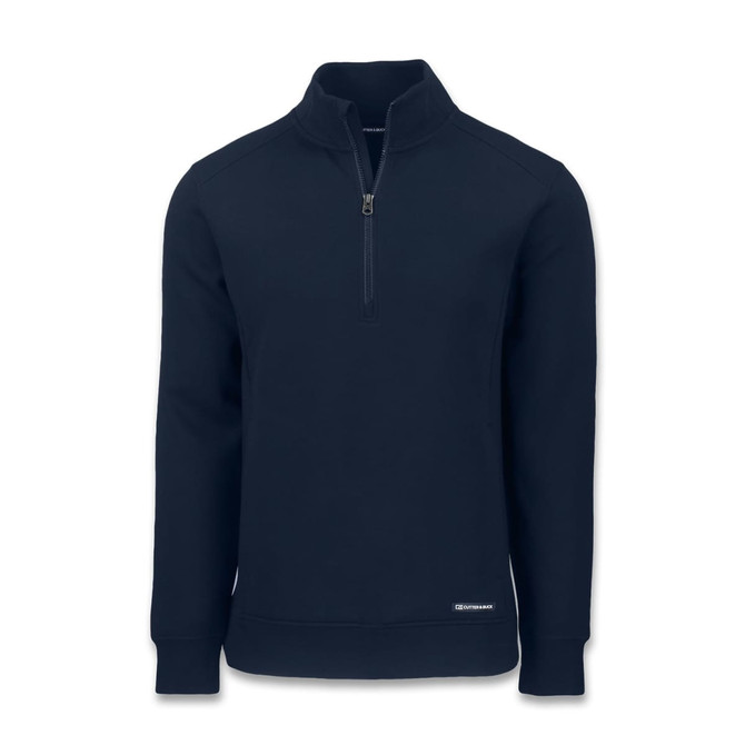 A navy men's half zip jacket featuring a pullover design and a small logo on the front.