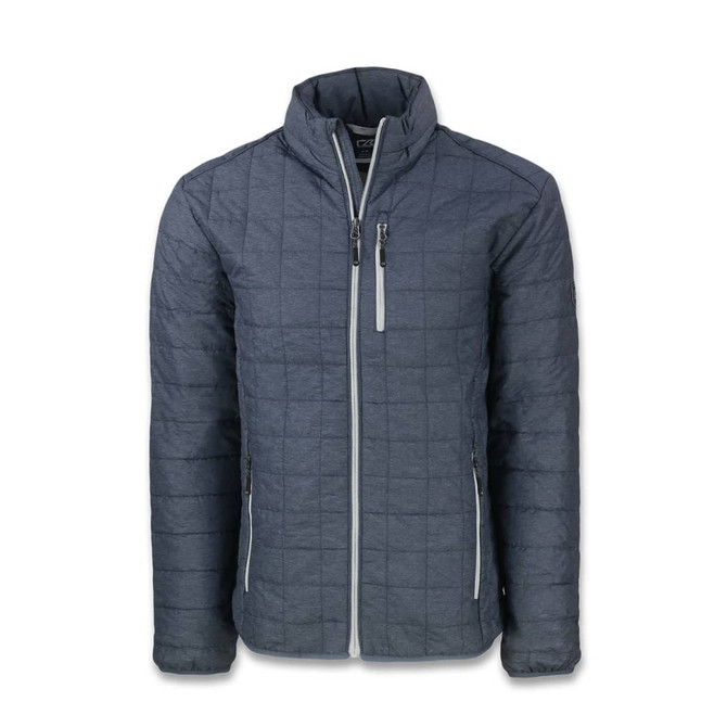 A grey insulated men's jacket with a quilted pattern, featuring zippered pockets and a stand-up collar.