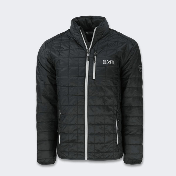 A black quilted men's jacket with a zip closure and side pockets, featuring a logo on the chest.
