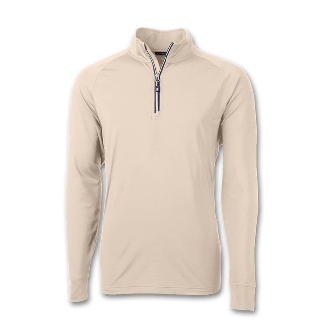 A men's half zip garment in beige, featuring long sleeves and a zippered neck. It has a logo on the chest.