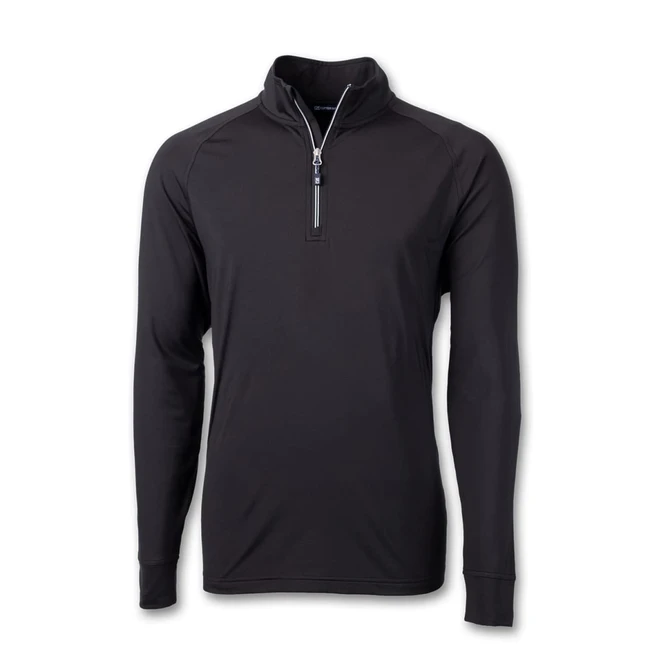 A black men's half zip top with long sleeves and a small zipper at the neck. It features a logo.