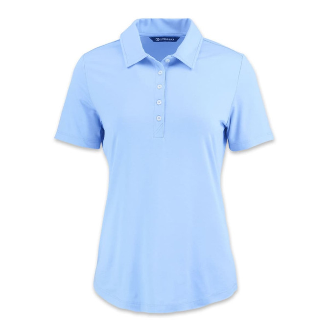 A light blue women's polo shirt featuring a collar and a button placket, with a logo on the sleeve.