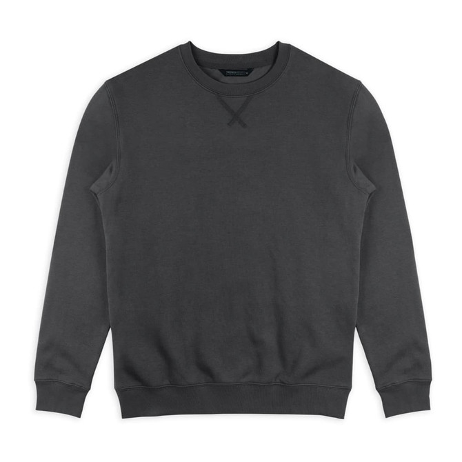 A unisex sweatshirt in dark grey, featuring a crew neckline and long sleeves. It has a logo present.