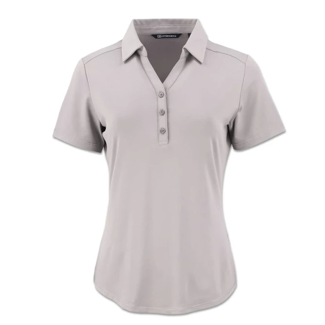 A women's polo shirt in light grey with a collar and button placket, featuring a logo.