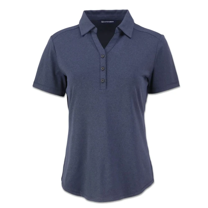 A navy women's polo shirt with a collared neck and five-button placket, featuring a branding logo.