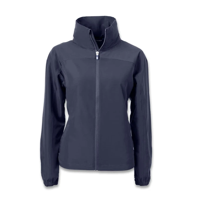 A women's full zip jacket in navy blue with a high collar and a fitted design. It includes a logo on the chest.