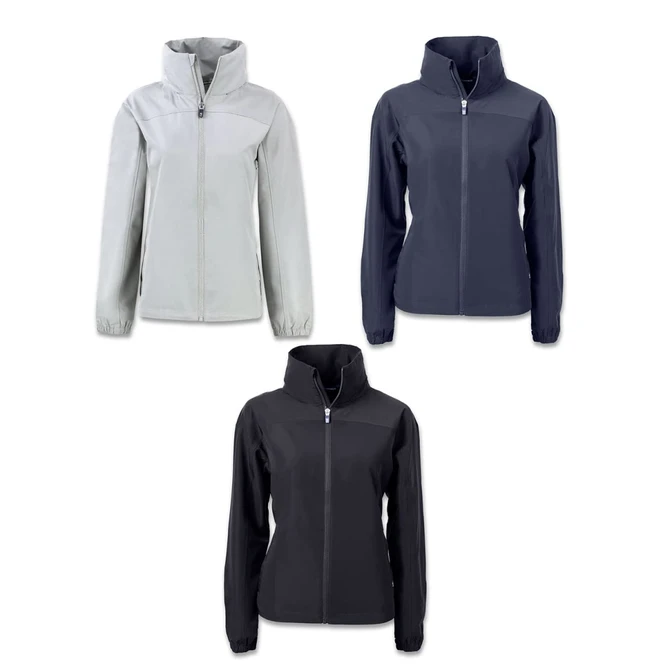 A women's full zip jacket available in grey, navy, and black, featuring a collar and a logo.