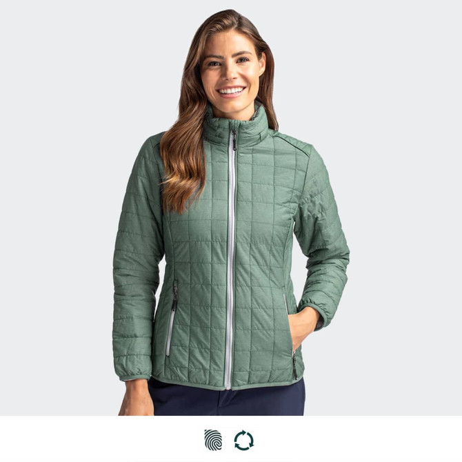 A women's jacket in green with a quilted design and a zip front, featuring a collar and side pockets.