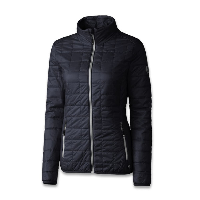 A women's jacket in navy blue with a quilted design and zippered front, featuring side pockets and a logo.