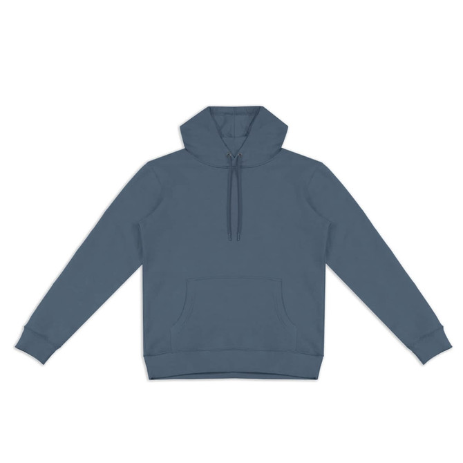 A unisex hoodie in a muted blue hue, featuring a front pocket and a hood, with a logo on the chest.