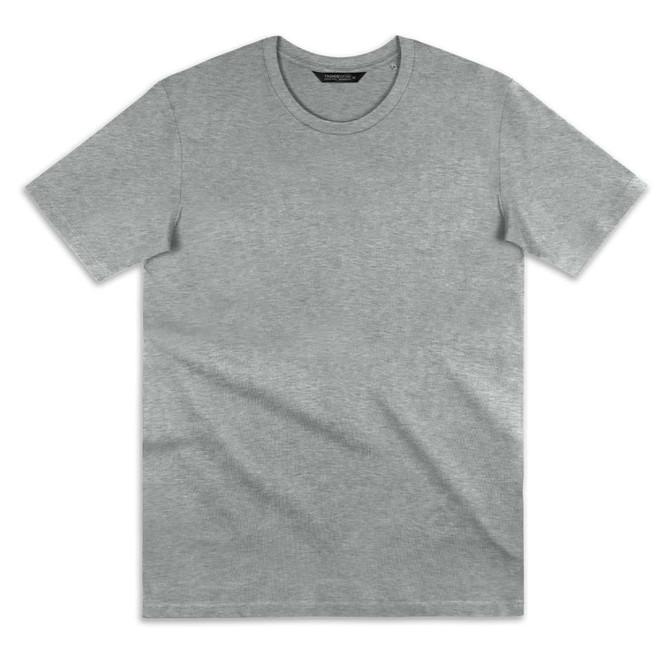 A grey women's T-shirt with a round neckline and short sleeves, featuring a logo.