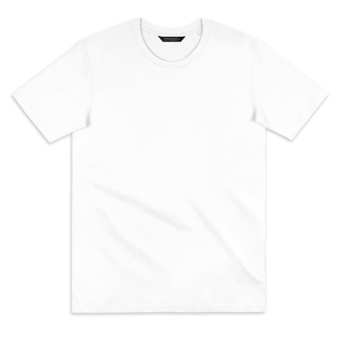 A plain white women's T-shirt with a round neckline and short sleeves, featuring a logo tag.