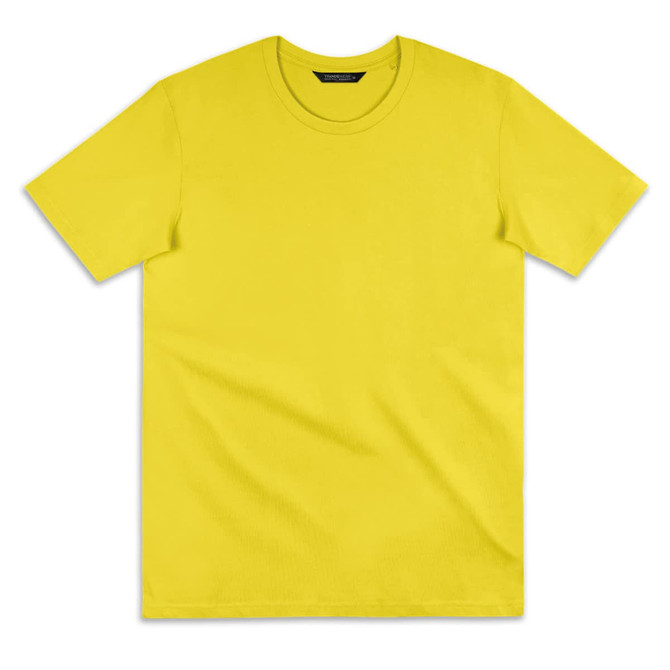 A bright yellow women's T-shirt with a round neckline and short sleeves. It features a logo.